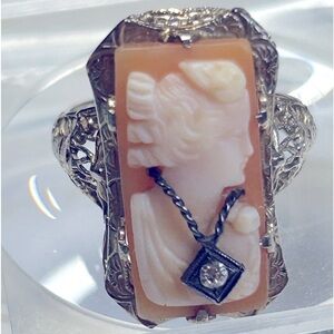 Antique Art Deco 14K White Gold Carved Shell Cameo Diamond Open Filigree Ring